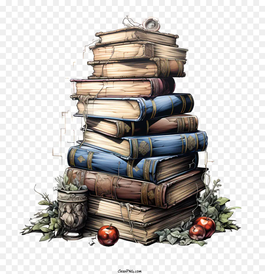 pila di libri - Libri usurati impilati con decorazioni festive