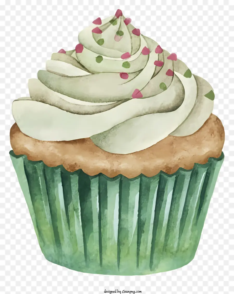 grünes Blatt - Buntes Cupcake mit Streuseln auf schwarzem Teller