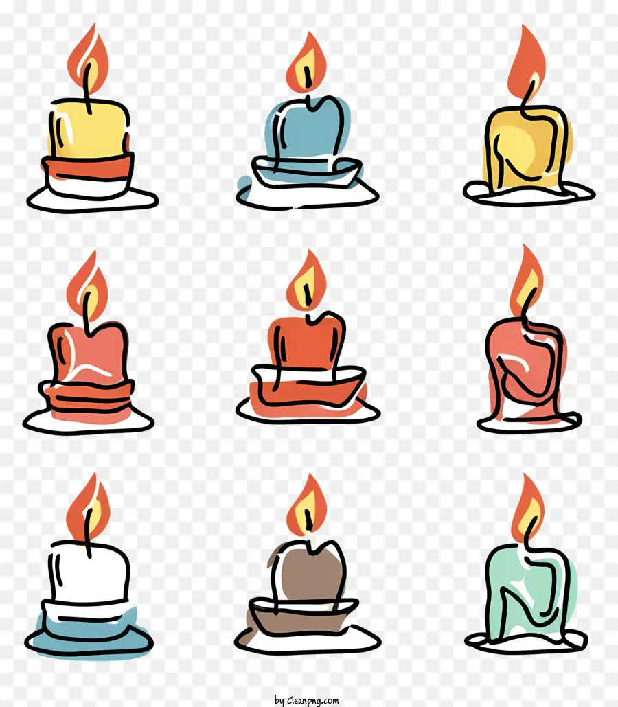 Cartoon Kerzenfarben Formen Leuchtet Kerze - Sammlung von beleuchteten und unbeleuchteten farbenfrohen Kerzen