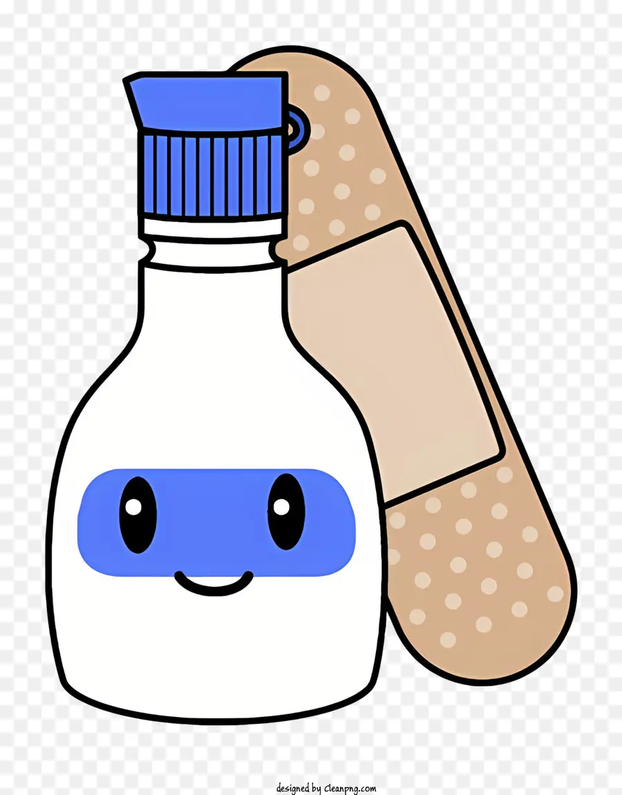 Cartoon Medical Supply Conteiner Adesivo Banda Banda a forma di bottiglia blu. - Contenitore di fornitura medica con bendaggio adesivo sorridente
