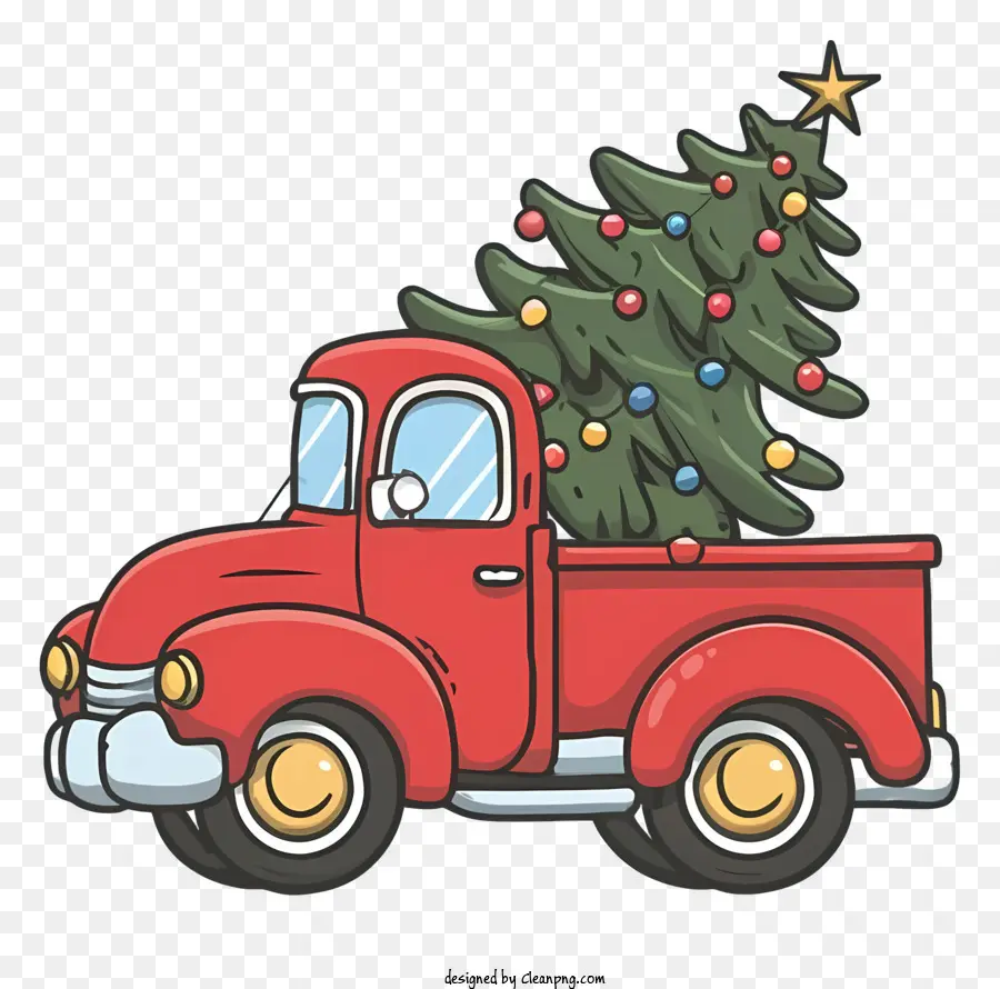 albero di natale - Camion rosso con albero di Natale che guida sulla strada