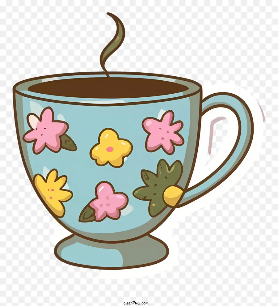 cartoon tea cup pink and blue flowers whimsical style blue cup
