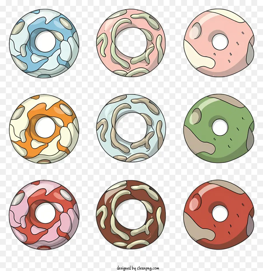 cartoon colorful doughnuts swirled doughnuts different designs pastry doughnuts