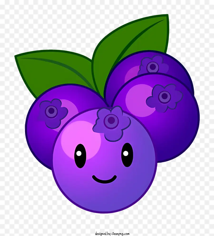 Berry viola da cartone animato sorridente foglie verdi di frutta con una faccia - Bacche viola sorridenti con foglie verdi e stelo
