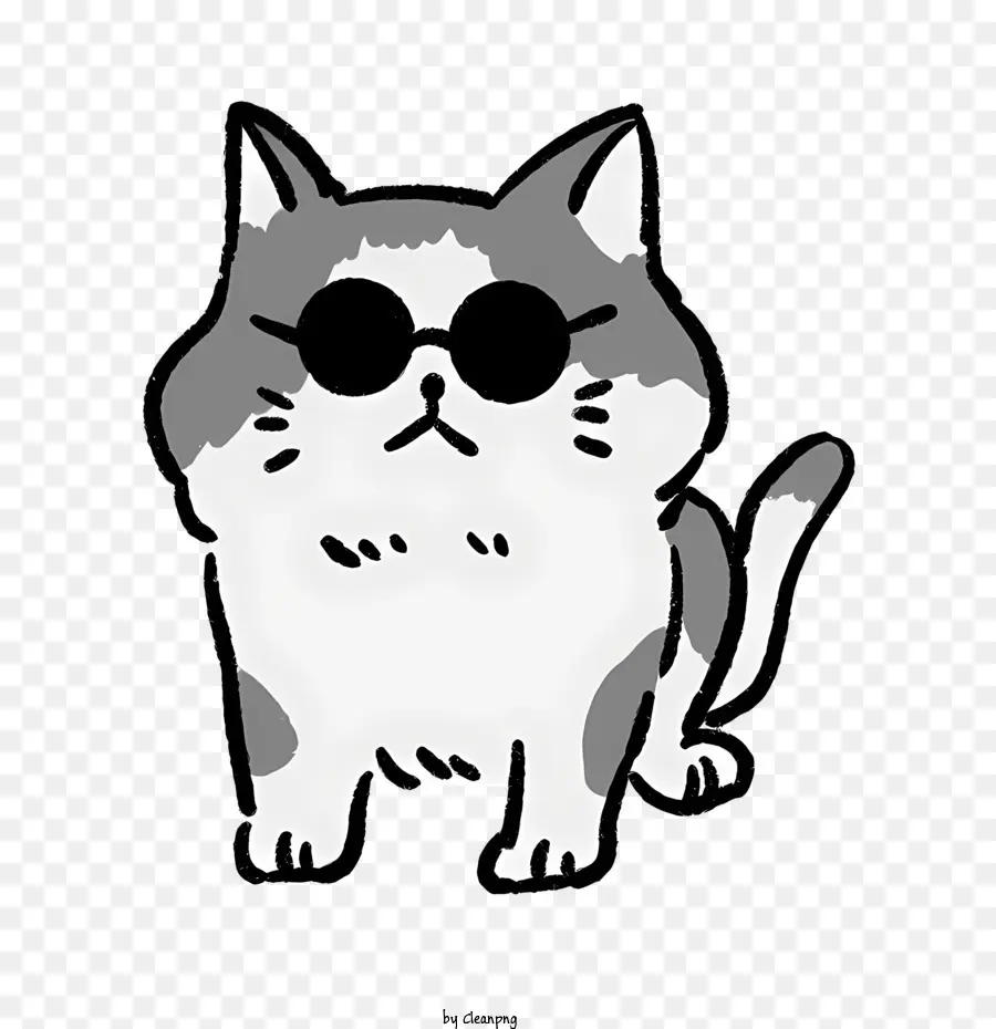 Cartoon Cat Black and White Cat Cat che indossa occhiali da sole Gatto di gatto dettagliato con occhi ombreggiati - Disegno dettagliato in bianco e nero di gatto negli occhiali da sole