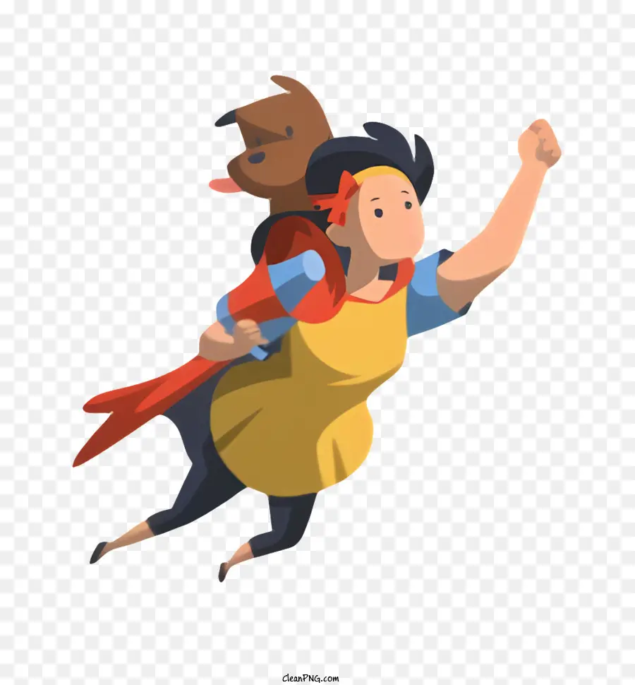 Cartoon Cartoon Girl gelbe Schürze rotes Schal lächelnd - Cartoonmädchen fliegt mit Kleinkind in Armen