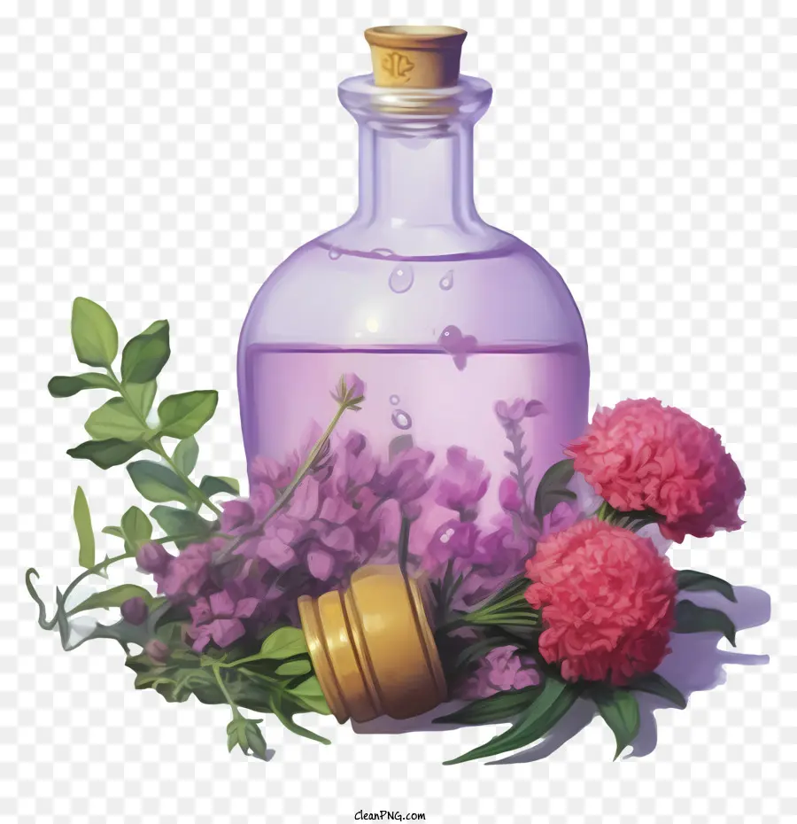 aromatherapy glass bottle pink flowers pink plants clear glass