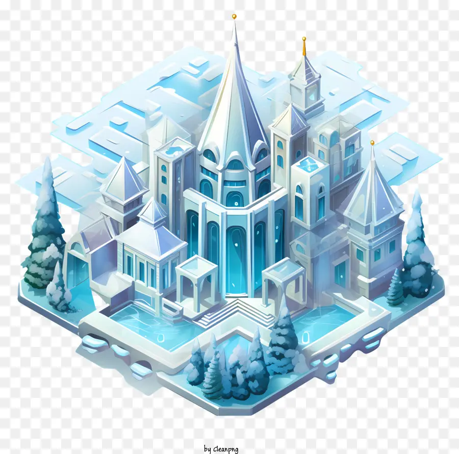 Eispalast schneebedeckter Burg Wintersaison ICicles Wintery Elemente - Schneeschloss umgeben von eisigen Bäumen im Winter