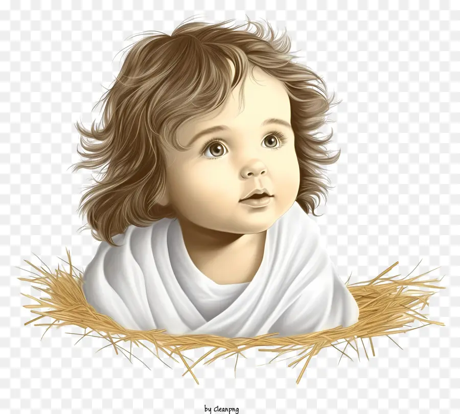 Schizzo Jesus Baby Baby in Manger White Fletine Occhi chiusi sorriso senza denti - Bambino sorridente nella mangiatoia con lo sfondo del fieno