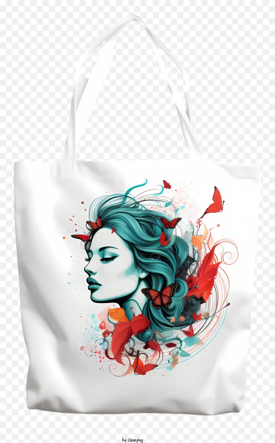 tote bag woman long hair flowing hair blue and pink