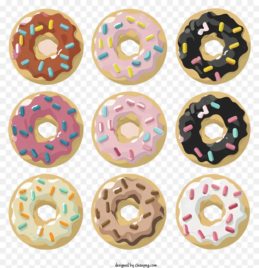 Streusel - Gruppe von farbenfrohen Donuts mit verschiedenen Belägen