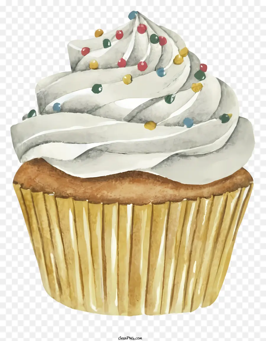 Cartoon Schlüsselwörter Aquarellbild Cupcake White Frosting - Goldener Cupcake mit weißem Zuckerguss und Streusel; 
runde Form; 
auf einen schwarzen Hintergrund platziert