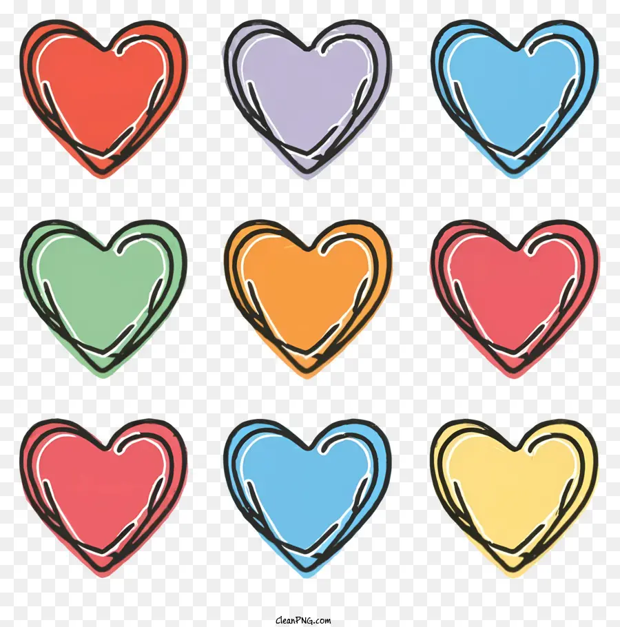Cartoon Herzen Farben hellgrün rosa - Set von sechs farbenfrohen Herzen mit schwarzem Hintergrund