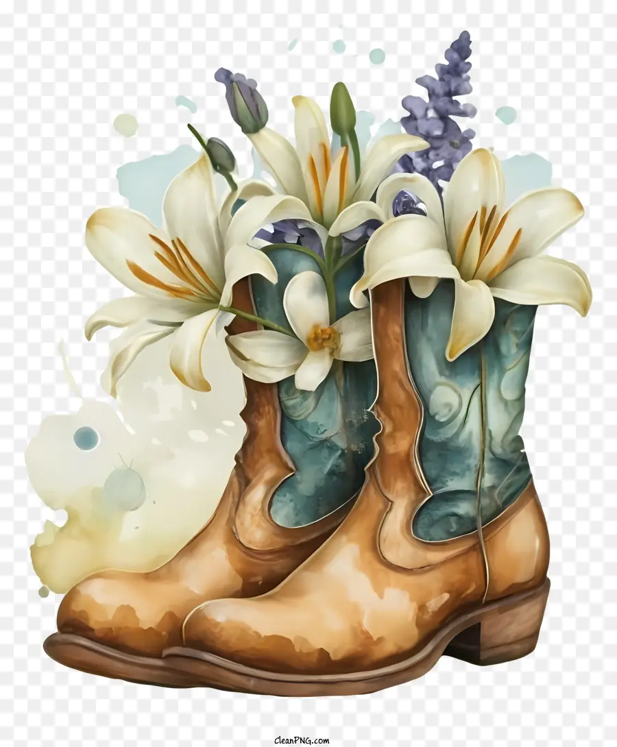 Cartoon Cowboy Boot Lilies Design da cowboy in pelle marrone - Avvio colorato da cowboy con design del bouquet di giglio