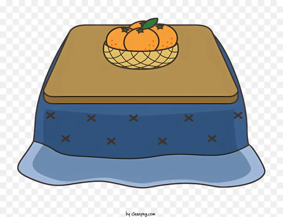 Cartoon Tisch Blauer Stoffkorb Essen - Korb mit Lebensmittel auf blaues Tischdecke mit Dreieck Serviette