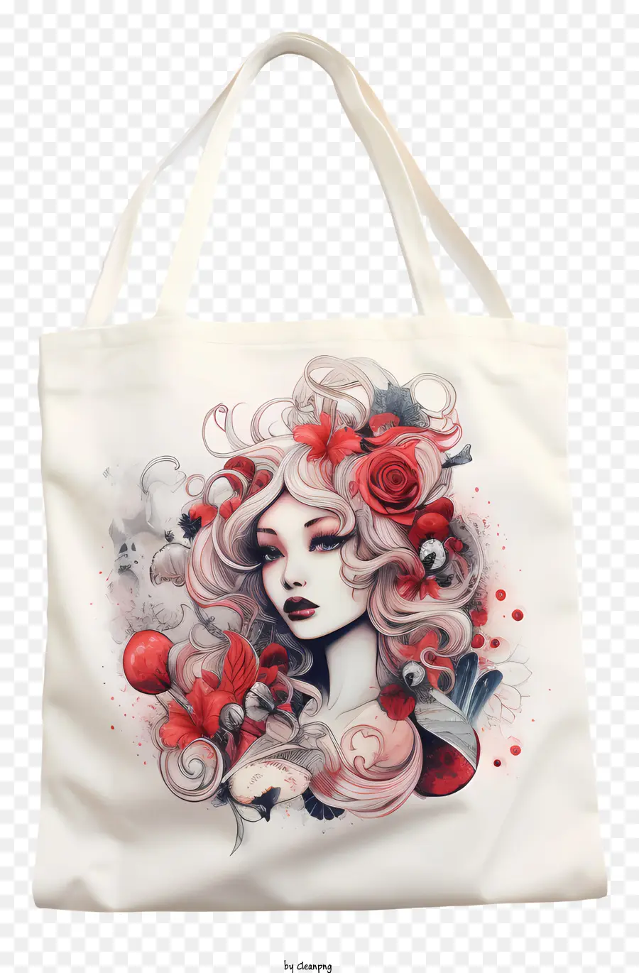 tote bag woman with long hair red lips crown of roses field