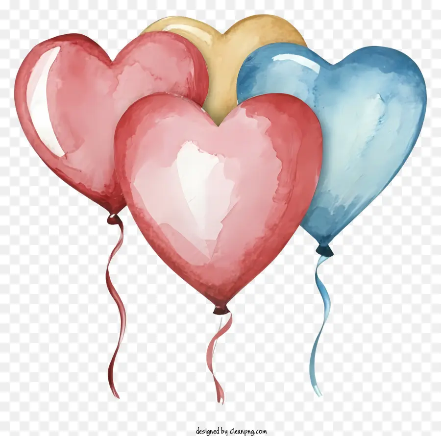 Acquerello palloncini - Tre palloncini ad acquerello a forma di cuore colorati galleggianti