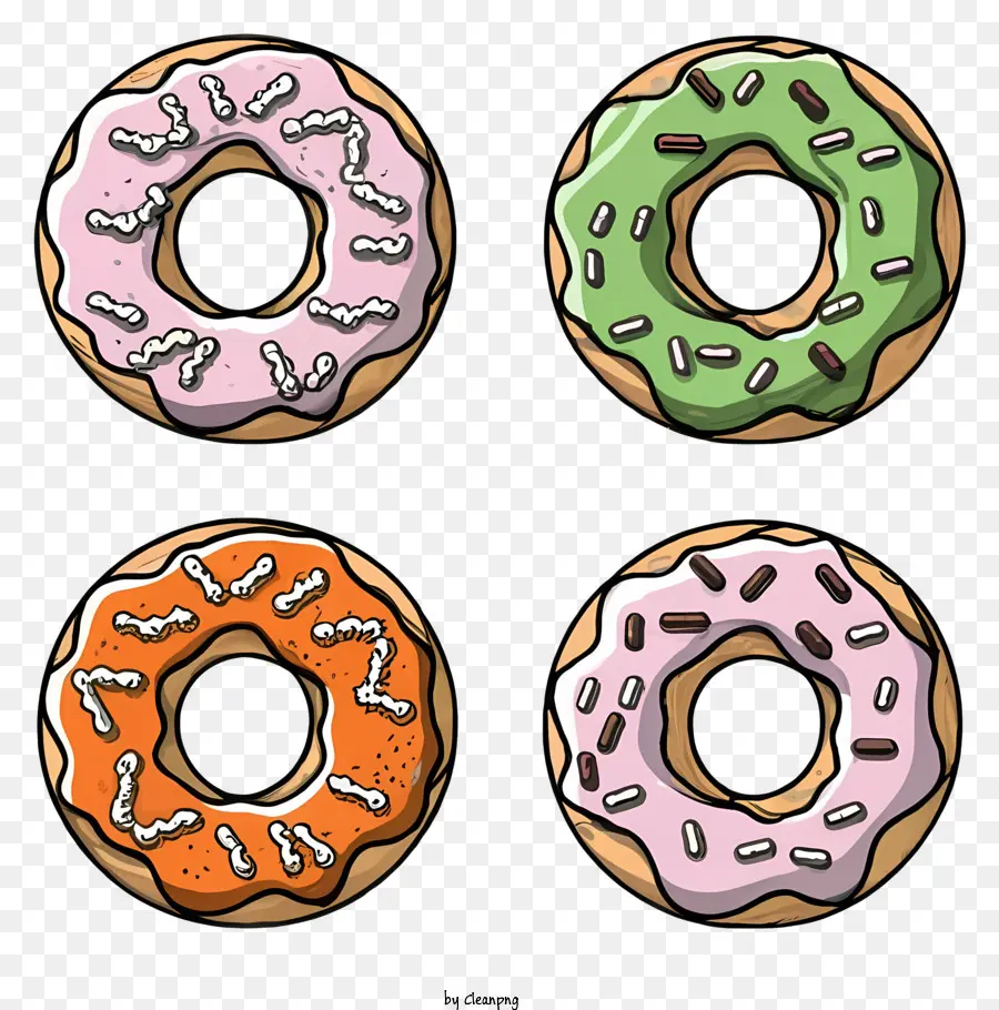 Streusel - Bunte Donuts mit verschiedenen Belägen auf schwarzem Hintergrund