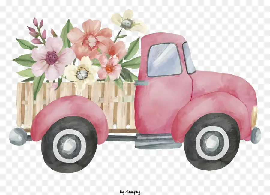 Cartoon acquerello dipinto di fiori di camion rosa nel letto adornati con fiori - Allegro dipinto ad acquerello di camion rosa con fiori