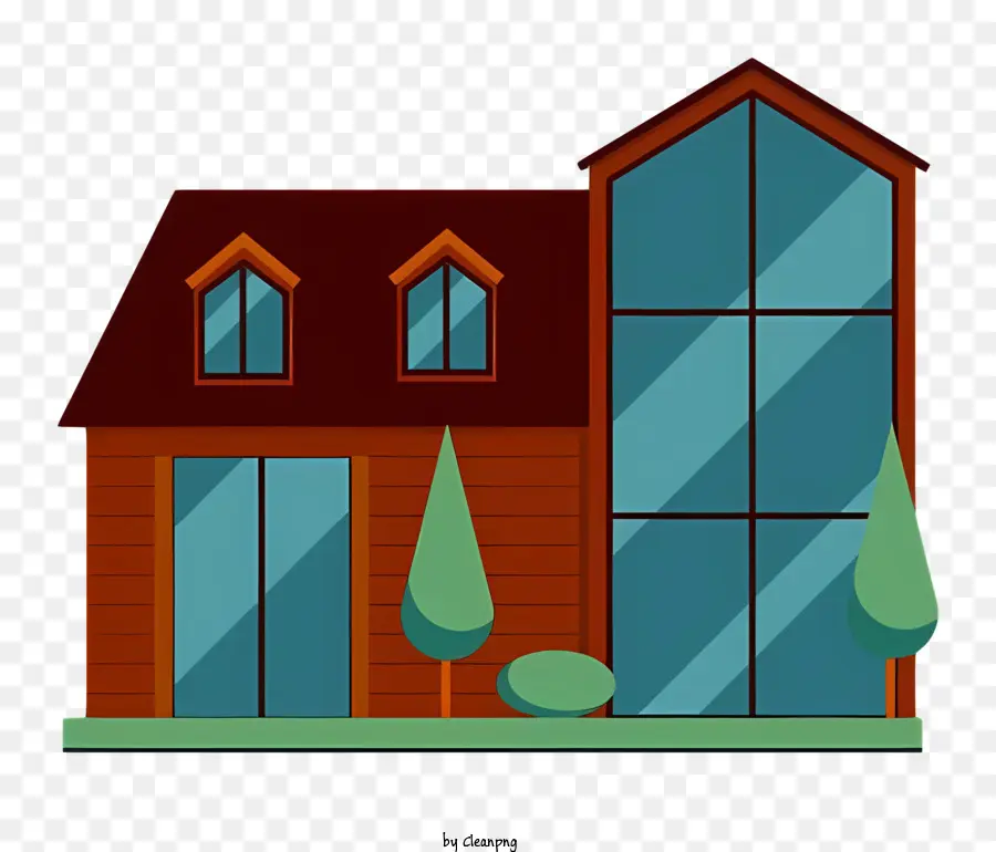 Casa del tetto in legno in legno in vetro - Casa in legno con grande finestra di vetro, tetto in pendenza, alberi, stagno