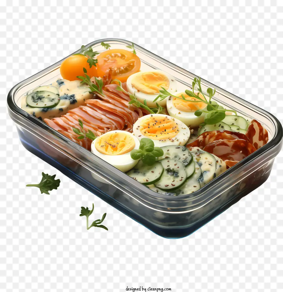 Bento Box Gourmet Food Food Platte verschiedene Zutaten Delikatesse - Verschiedene Lebensmittel in Glasschale auf Schwarz