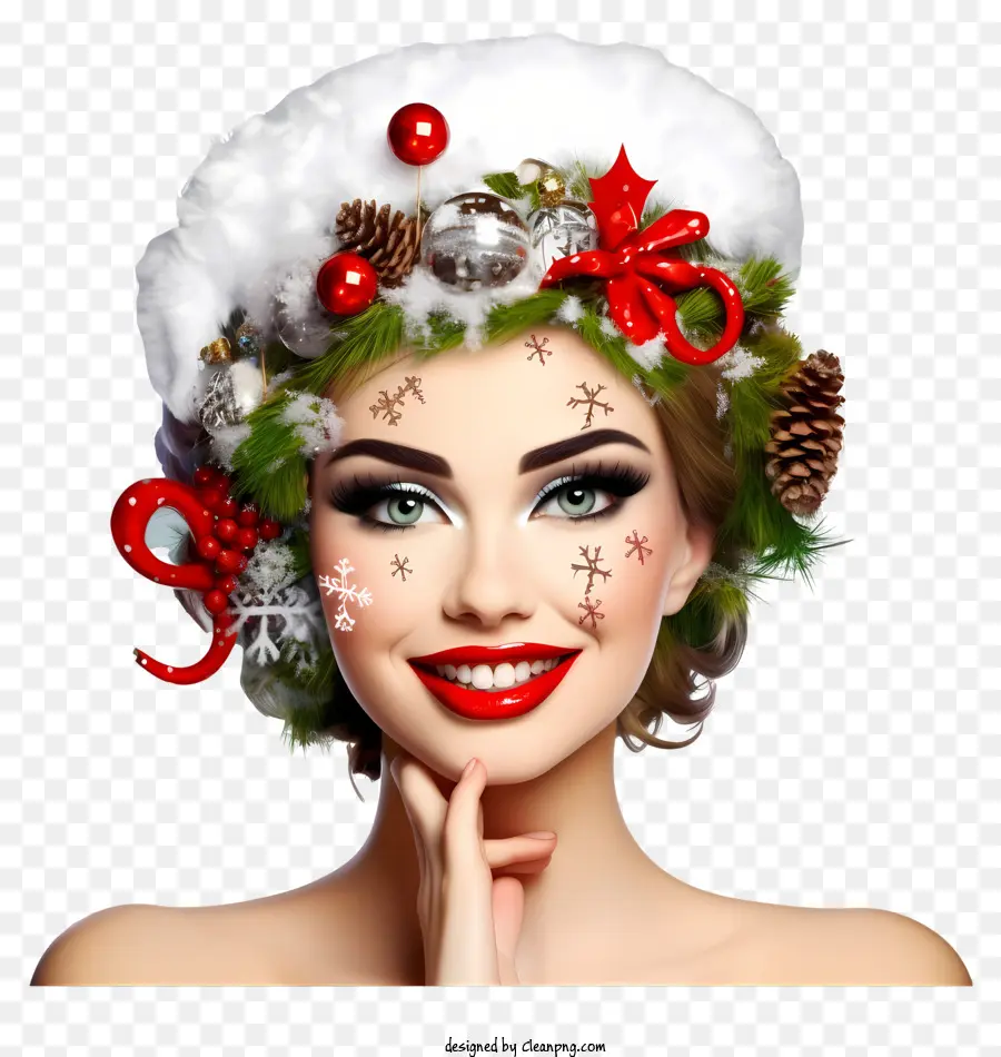 Cartoon Weihnachten Make -up Frau rot -weißer Kranz rot - Frau, die festliche Kranz mit Holly -Designs trägt