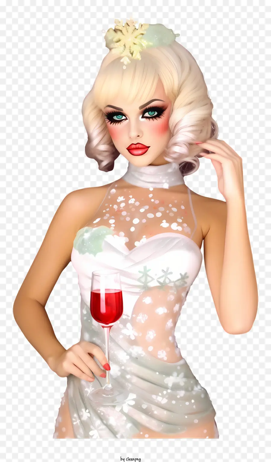 watercolor christmas makeup woman white dress tiara red wine glass