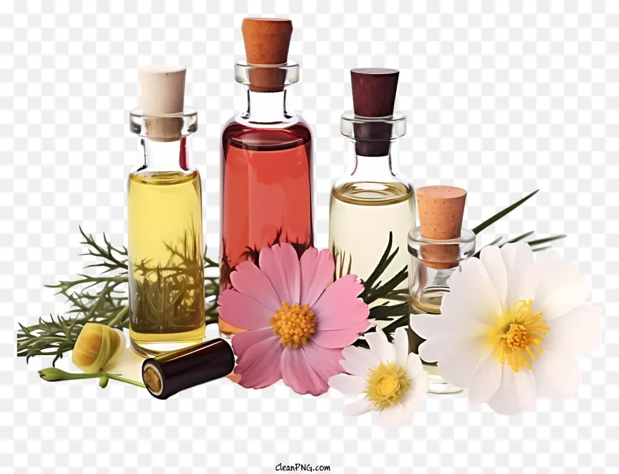 Realistische Blütenessenzen Therapie ätherische Öle Flaschen Blumenvase - Ätherische Ölflaschen mit Blumen auf schwarzem Hintergrund