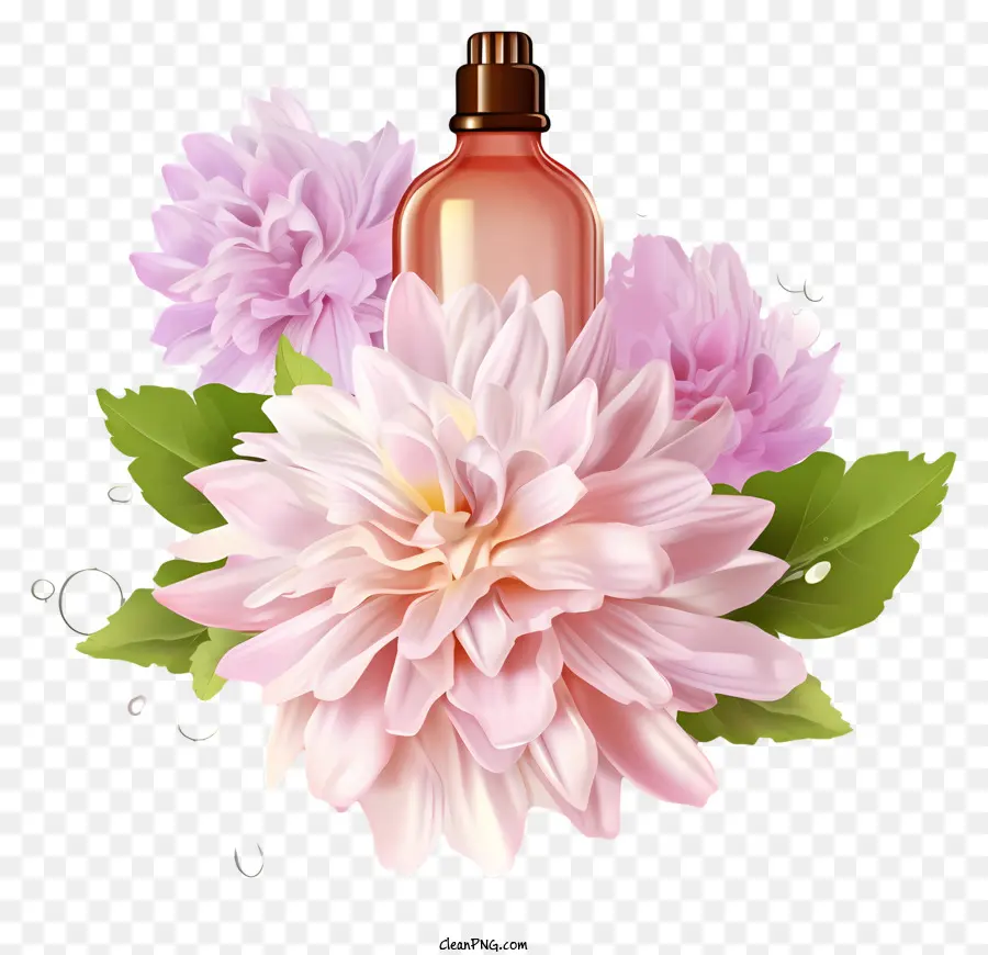 realistic 3d flower essences therapy perfume bottle pink daffodils dark background