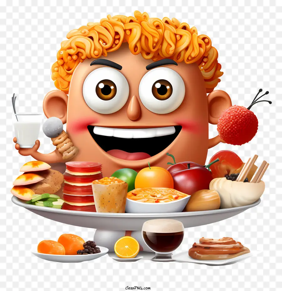 Buffet Day Cartoon Charakter Tablett voller Food -Nudeln Früchte - Cartooncharakter mit Lebensmittelschalen und Utensilien