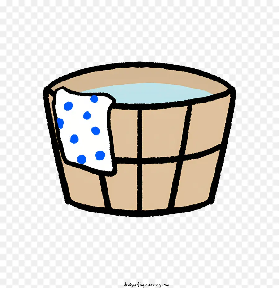 Cartoon Holzwanne wassergefüllte Wanne mit kleinem Loch schwarzer Hintergrund - Holzwanne mit Stoffabdeckung und Wasser
