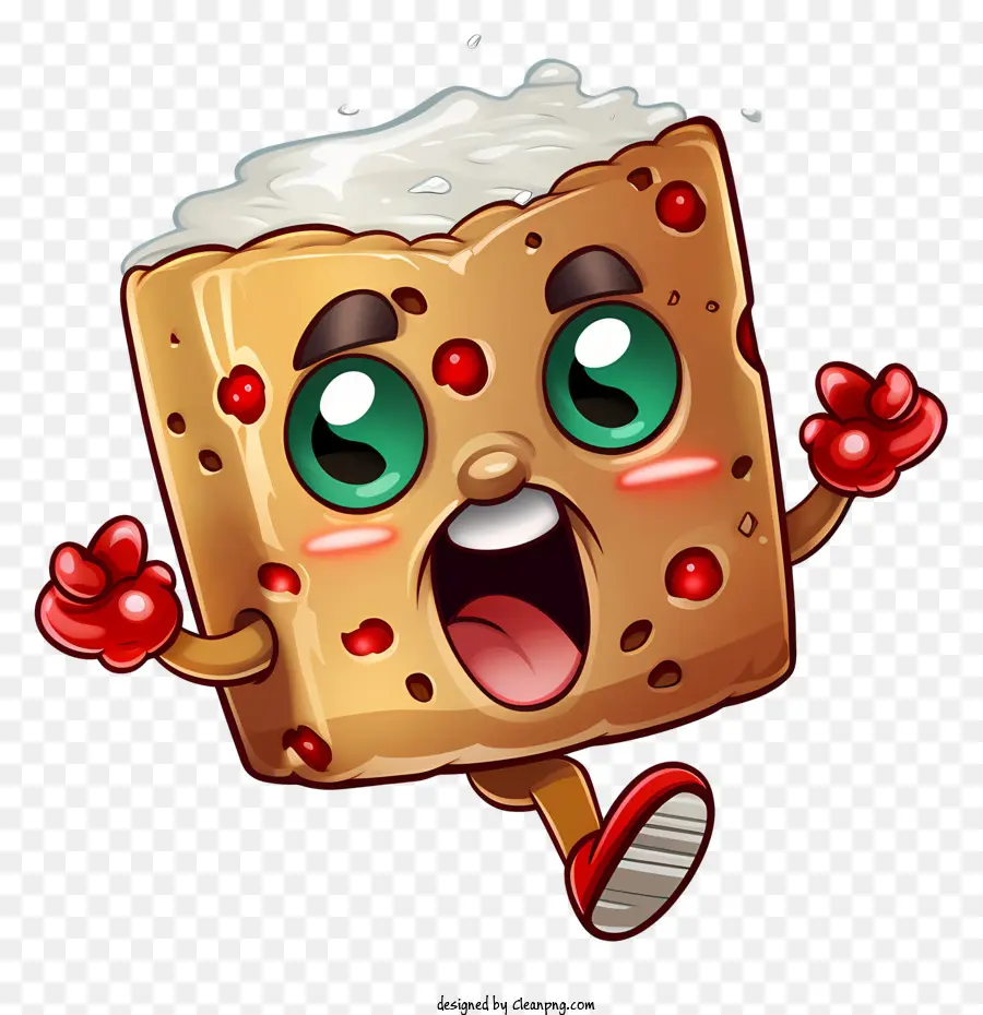 Emoji Fruitcake Toss Day Character Character Comic Book personaggio che corre e ridere - Il personaggio dei cartoni animati corre, ride, bevande cioccolata calda