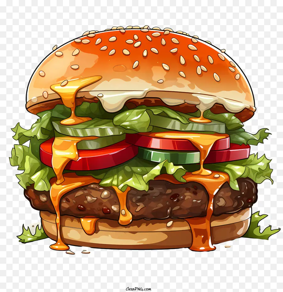 Hamburger - Lebendiger, appetitlicher Cartoon -Hamburger mit Salat, Tomaten, Käse und Ketchup