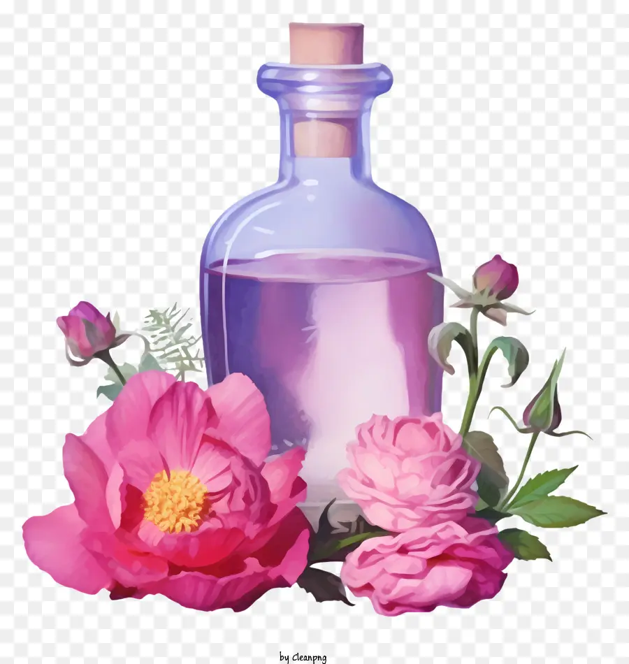 rosa rose - Bild: rosa Flüssigkeit mit Blumen, rosa Etikett, schwarzer Hintergrund