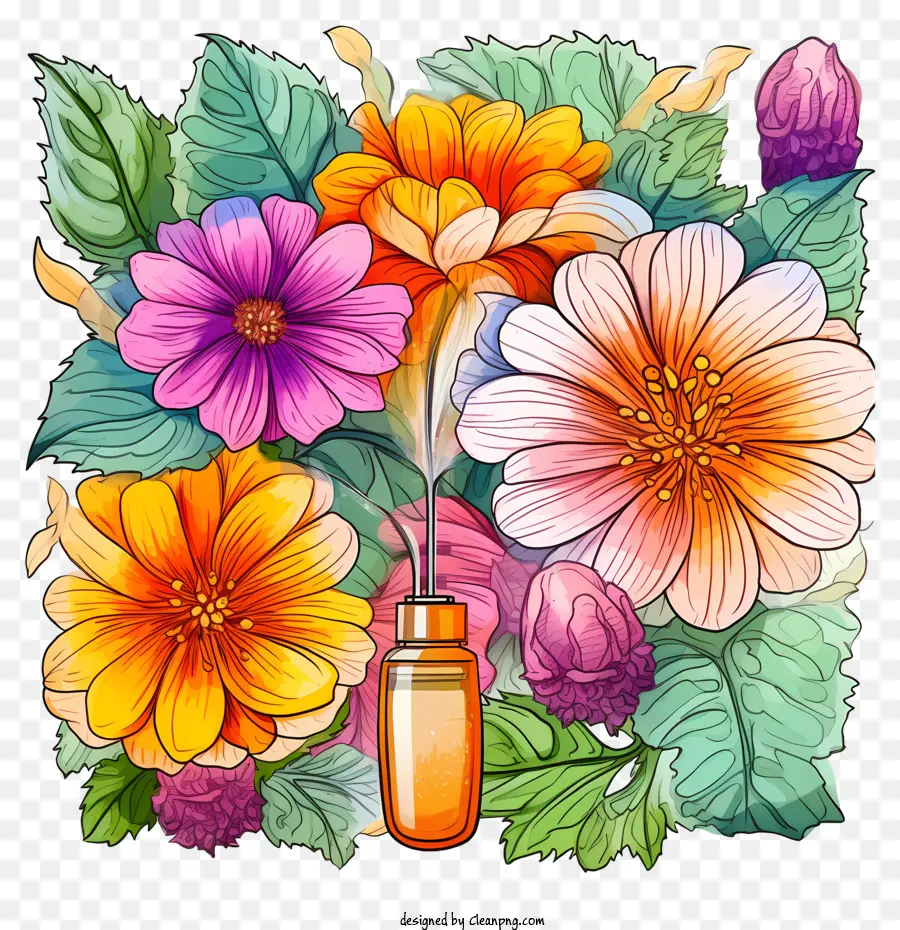 Doodle Flower Essences Therapie ätherische Öle Blumenanordnung Flasche Symmetrie - Ätherische Ölflasche umgeben von farbenfrohen Blumen