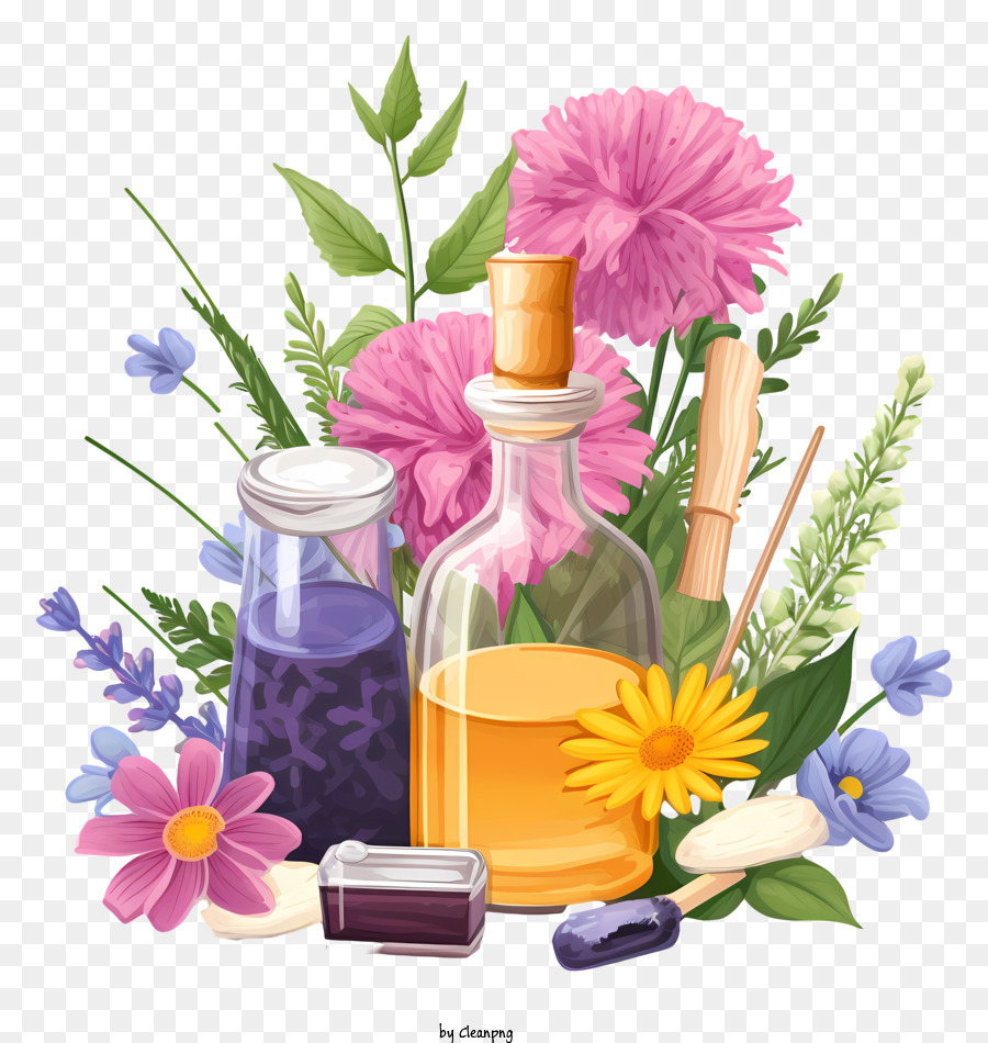 Isometrischer Stil Blütenessenzen Therapie Aromatherapie natürliche Parfums ätherisches Öl - Aromatherapie Zutaten: Öl, Kräuter, Blumen im Bild