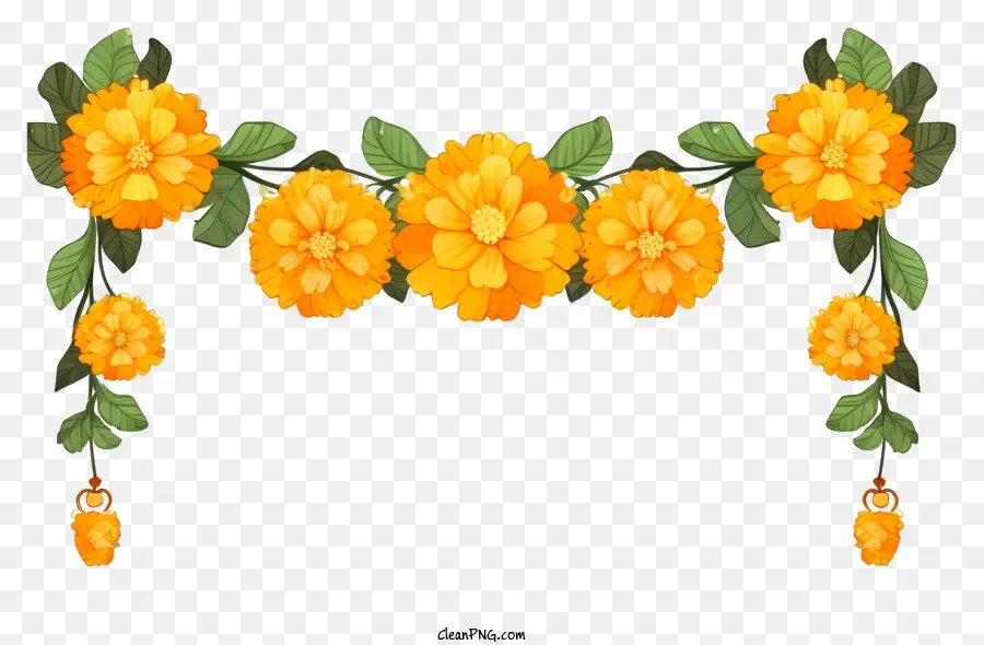 Doodle Marigold Flower Garland Bouquet Giallo Fiori di disposizione simmetrica punto focale - Semplice immagine di fiori gialli simmetrici su nero