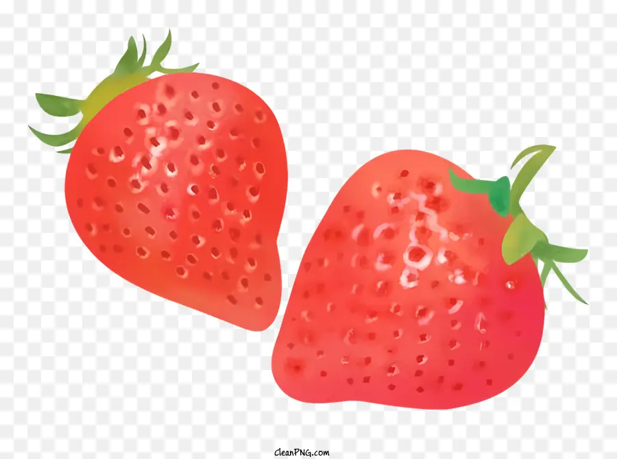 Cartoon reife Erdbeeren rote und grüne Kappe schwarzer Hintergrund herzförmige Erdbeeren - Zwei herzförmige Erdbeeren, ein Rot, ein Grün