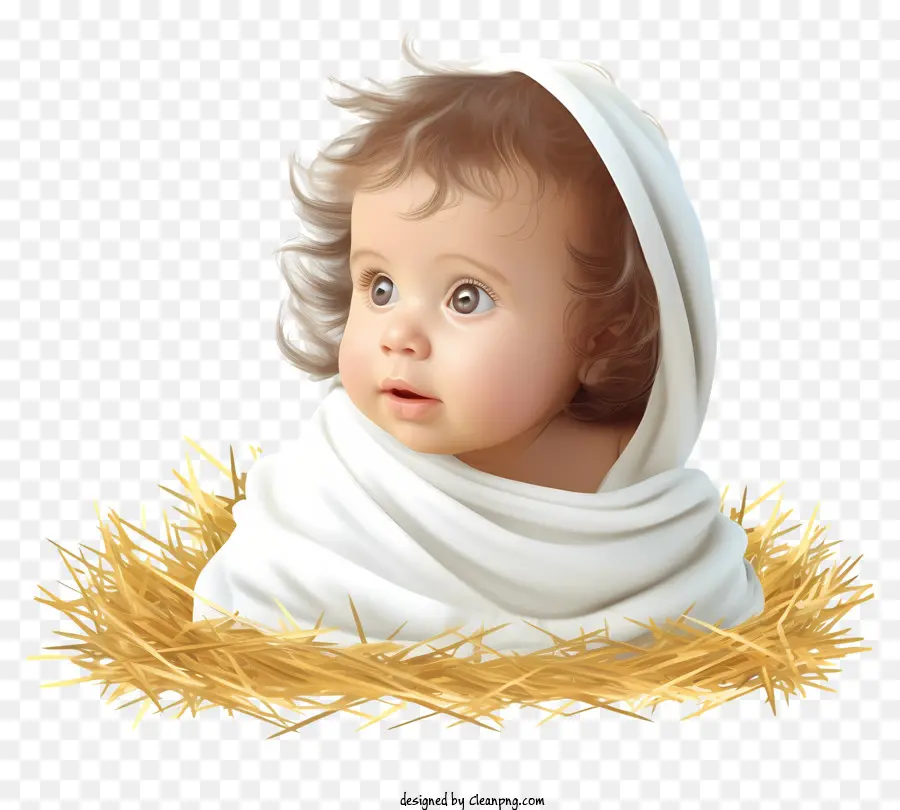 realistic 3d jesus baby baby in a manger white blanket surprised expression hay manger