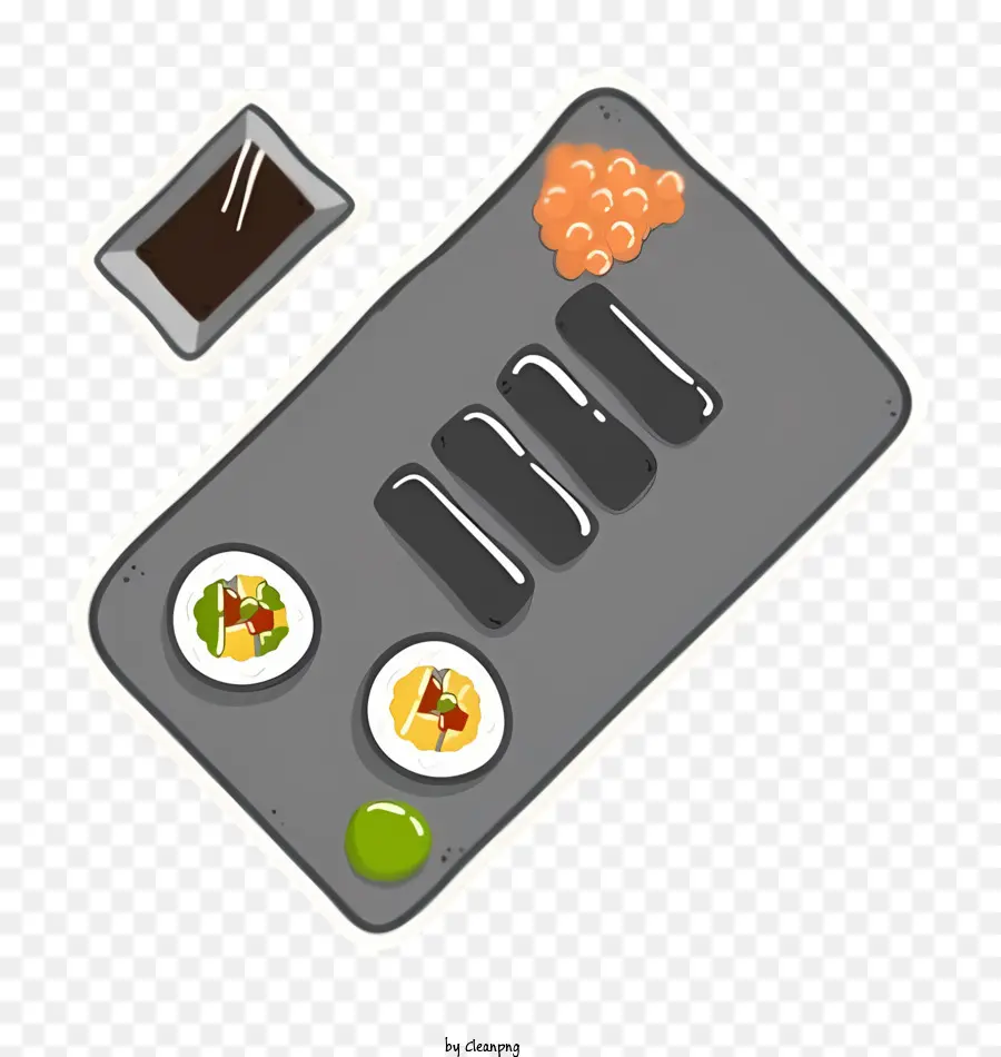 điện thoại di động - Khay kim loại với sushi, dụng cụ và điện thoại
