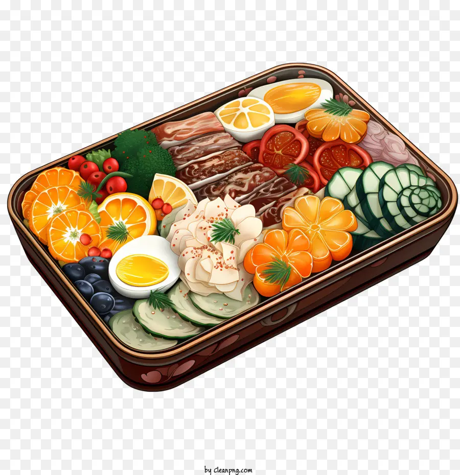 Geschenkbox - Mit Lebensmittel gefüllte Lederbox mit silbernem Griff auf schwarzem Hintergrund