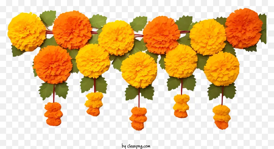 Realistische Ringelblumenblumengirlandenwand hängende orangefarbene Blumen gelbe Blüten grüne Blätter - Helles, farbenfrohes Zimmer mit hängender Blumendekoration