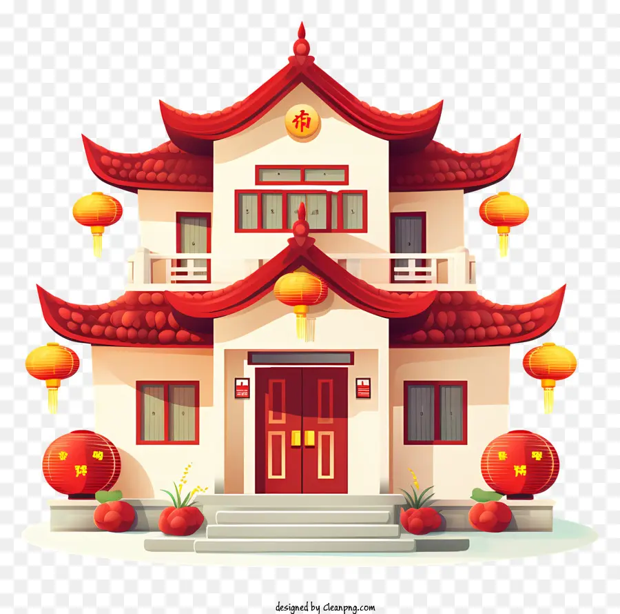 Chinesisches Neujahr - Traditionelles Haus im chinesischen Stil mit rotem Dach, Laternen, Holzzaun