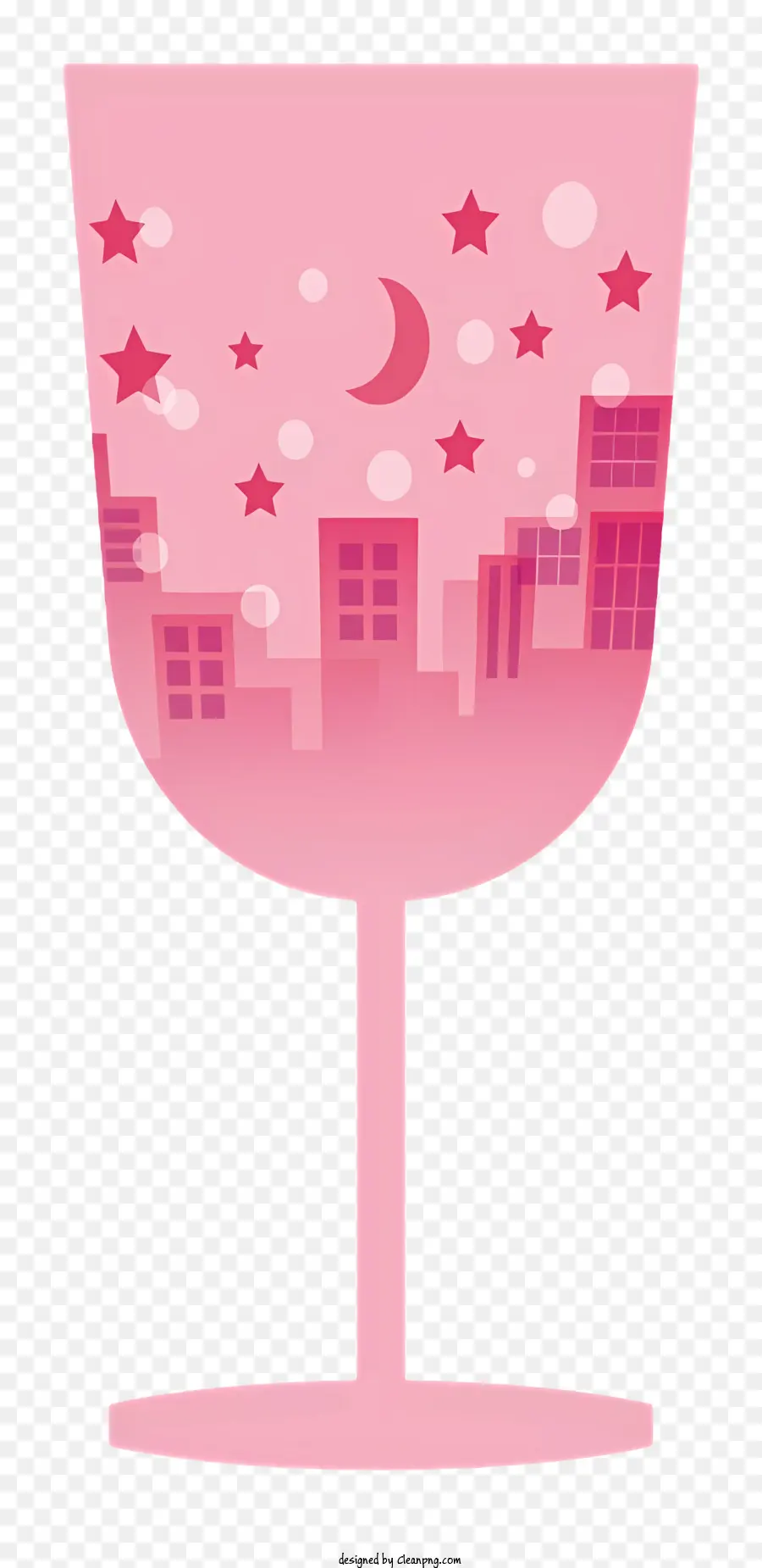 cartoon pink wine glass city view at night stars moon