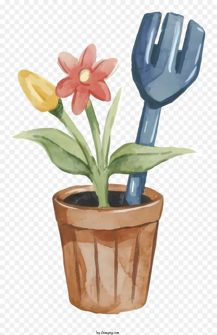 pentola per pentole a pianta di cartoni animati Can Clay Pot - Immagine ad acquerello della pentola vegetale con pala e annaffiare