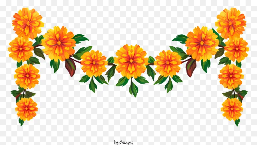 Minimalisierte flache Vektor Illustration Ringelblumen Blume Girlande Blumengirlande Orange und gelbe Blüten runde Blumen - Große, farbenfrohe Blumengirlande mit grünen Stielen
