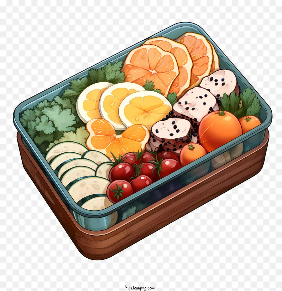 Bento Box klare Plastikbehälter Obst und Gemüse Orangen Gurken - Rechteckiger Kunststoffbehälter mit bunten Erzeugnissen gefüllt