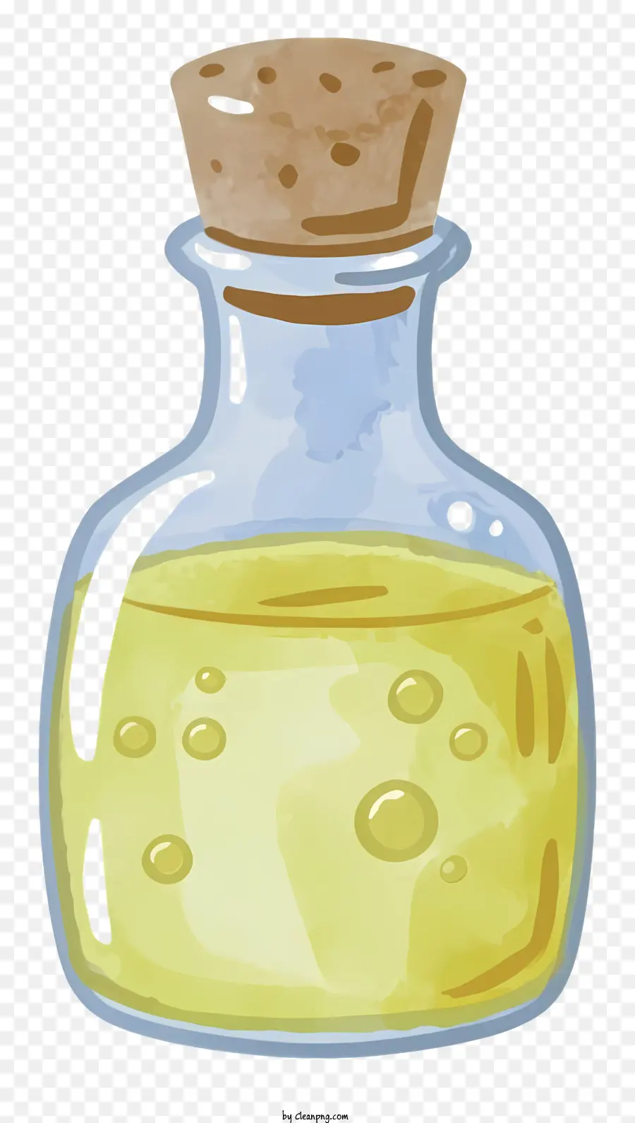 Cartoonglas Flasche Kork gelber flüssiger schwarzer Hintergrund - Glasflasche mit Kork mit gelbe Flüssigkeit auf schwarzem Hintergrund gefüllt