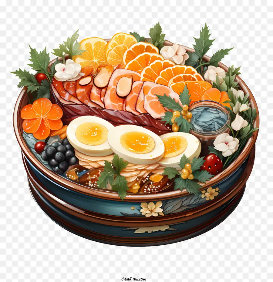 Bento Box Round Tray Asian Style Tablett verschiedene Arten von Lebensmitteln Eiern - Rundschale mit vielfältigem Essen und Pflanzen im asiatischen Stil