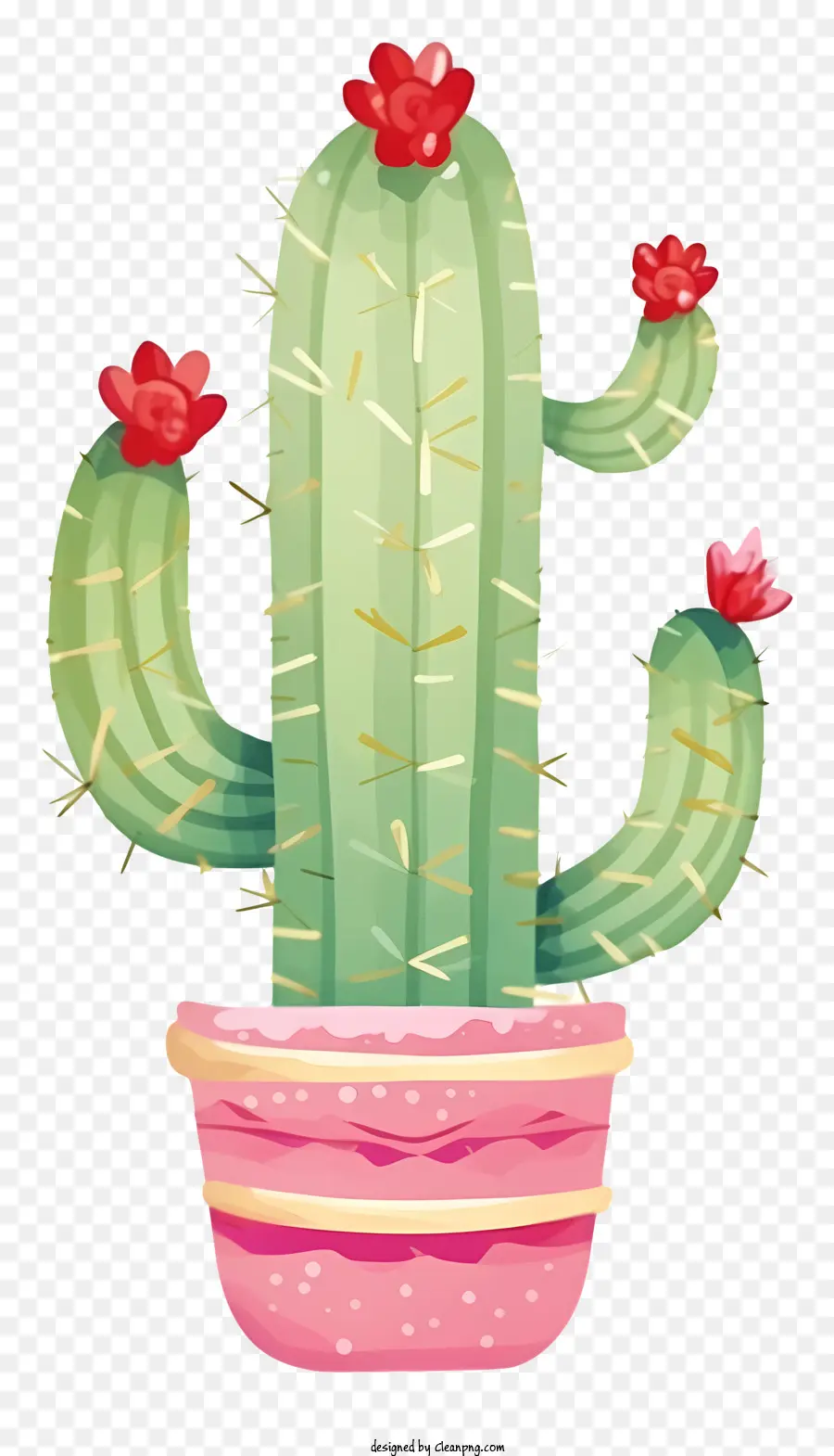 Cartoon Kaktus Pflanzen Topf Kaktus rote Blüten grüne Blätter - Topfkaktus mit roten Blüten und Schatten